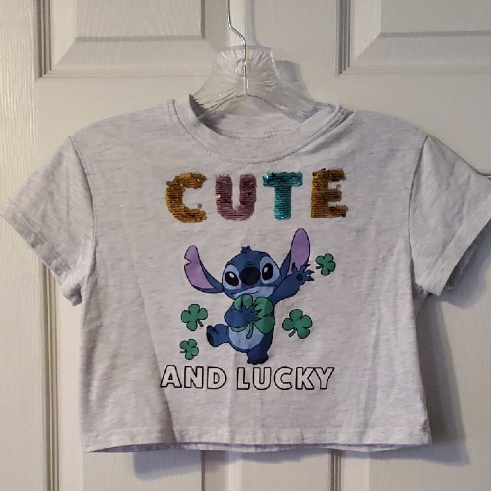 Disney Girls' Light Gray Stitch 'Cute and Lucky' Sequin Graphic Tee